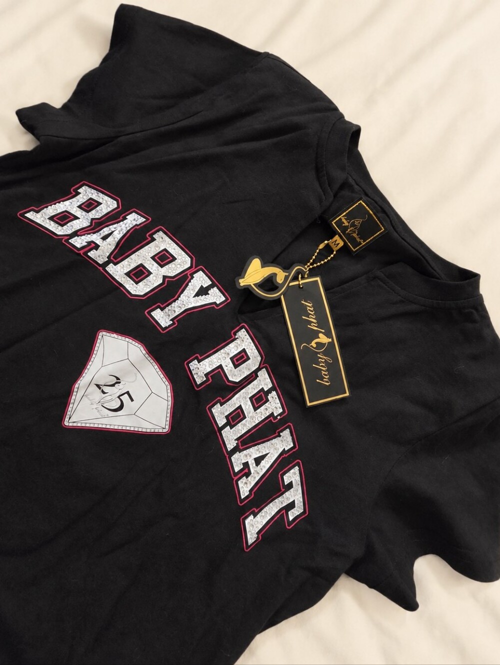 NWT Baby Phat Rhinestone Logo Crop T-Shirt Women’s Medium Black Y2K